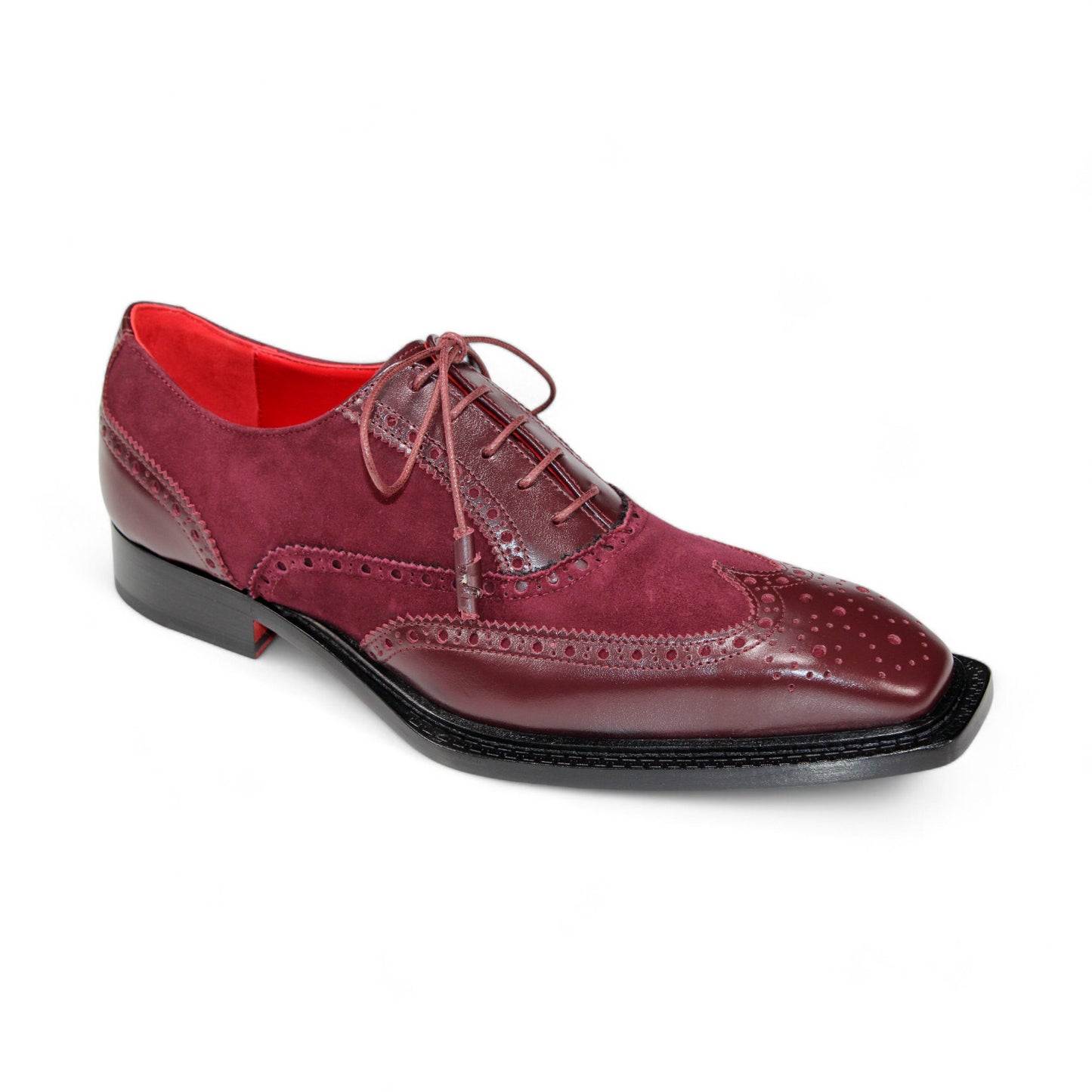 Introducing the Emilio Franco "Antonio" Burgundy Shoes, meticulously crafted in Italy. These shoes showcase brogue detailing with a luxurious combination of suede and leather uppers, complemented by a black sole and striking red interior lining.