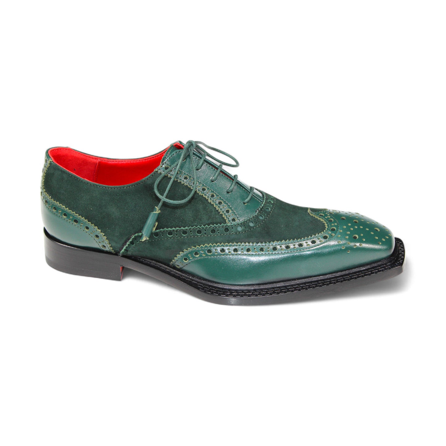 The Emilio Franco "Antonio" Green Shoes are crafted from leather with decorative stitching, a lace-up design, and boast a striking red interior. Proudly made in Italy by the renowned brand Emilio Franco.