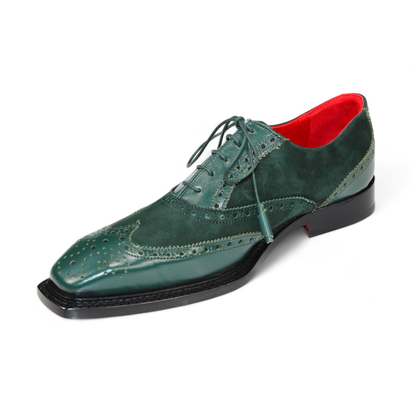 The Emilio Franco "Antonio" Green Shoes are crafted from leather with decorative stitching, a lace-up design, and boast a striking red interior. Proudly made in Italy by the renowned brand Emilio Franco.