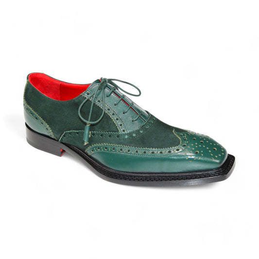 The Emilio Franco "Antonio" Green Shoes are crafted from leather with decorative stitching, a lace-up design, and boast a striking red interior. Proudly made in Italy by the renowned brand Emilio Franco.