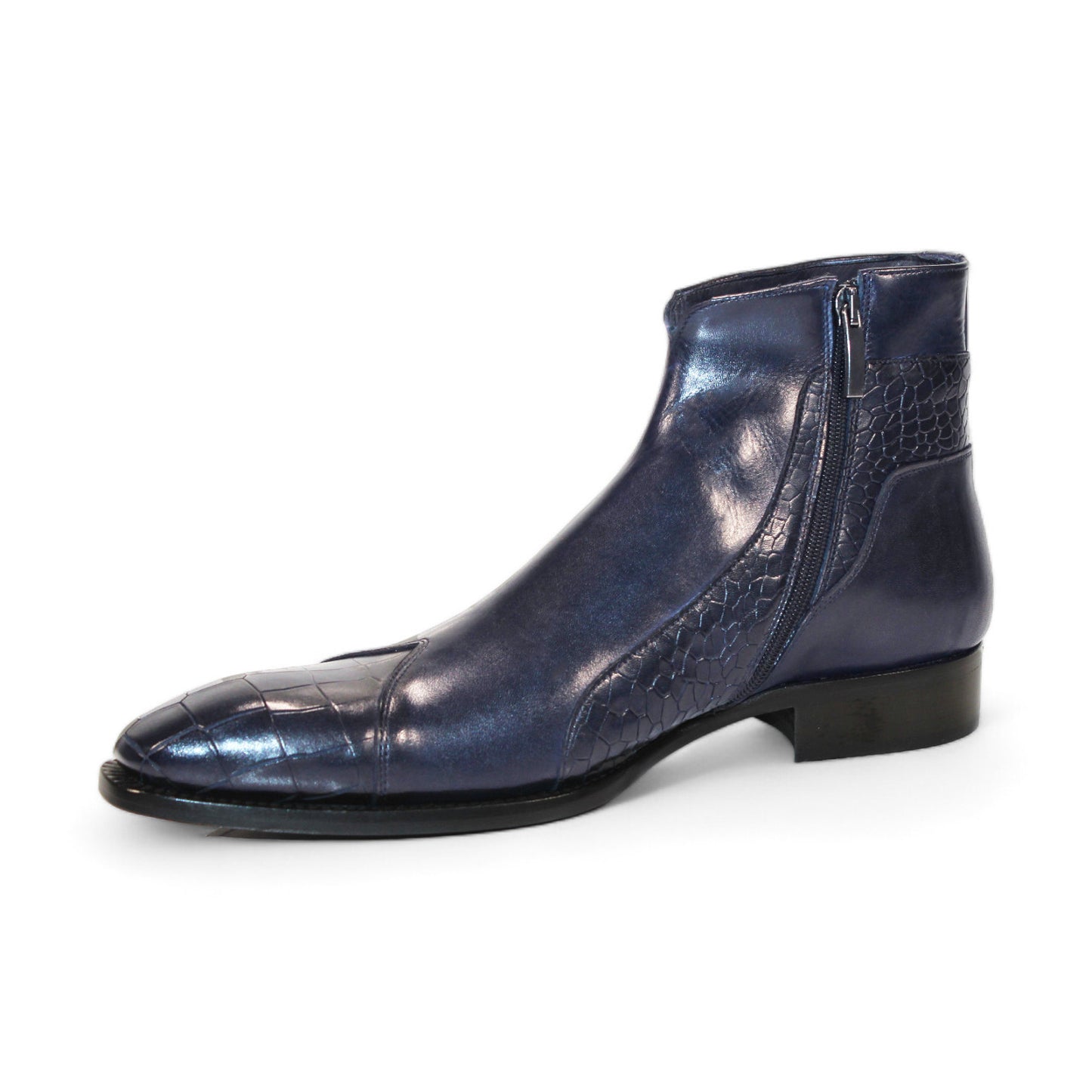 The Duca Di Matiste Aprilia (Navy), made in Italy, is a blue leather ankle boot featuring a striking crocodile pattern and square toe on a pristine white background.