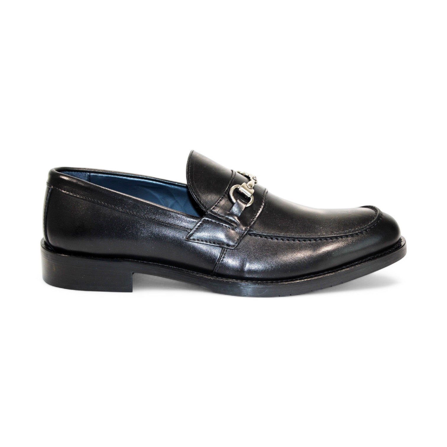 The Firmani Ben Black Shoes, showcased in a side profile, incorporate a silver buckle detail to enhance their style.