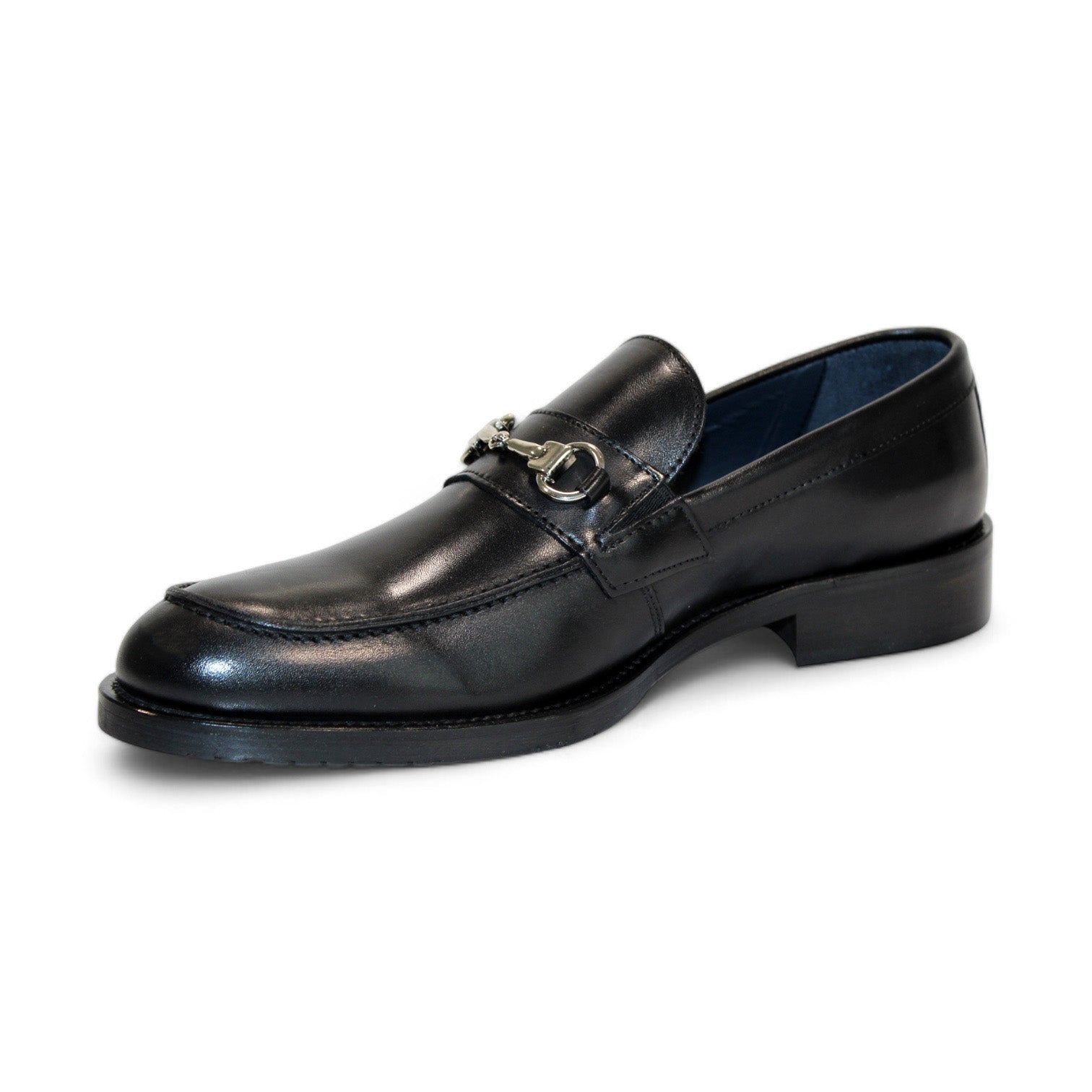 The Firmani Ben Black Shoes, showcased in a side profile, incorporate a silver buckle detail to enhance their style.