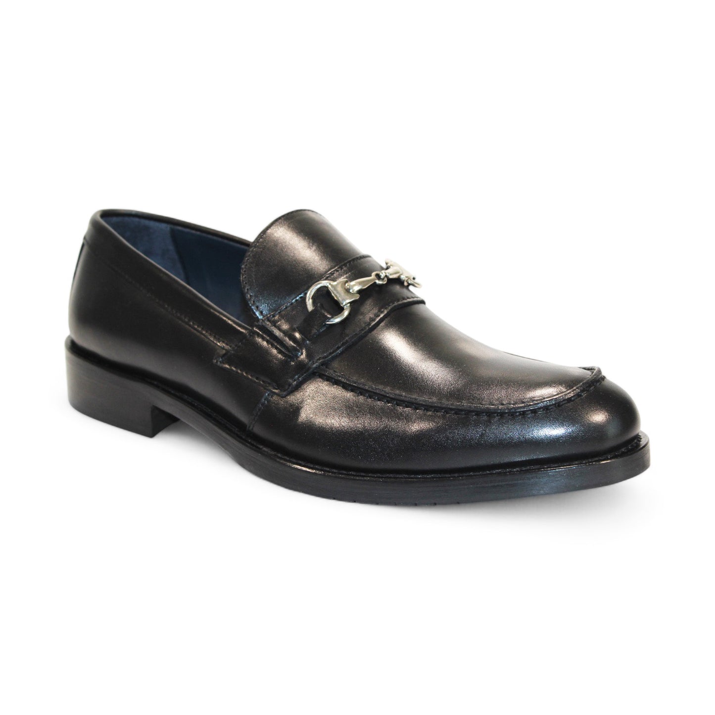 The Firmani Ben Black Shoes, showcased in a side profile, incorporate a silver buckle detail to enhance their style.