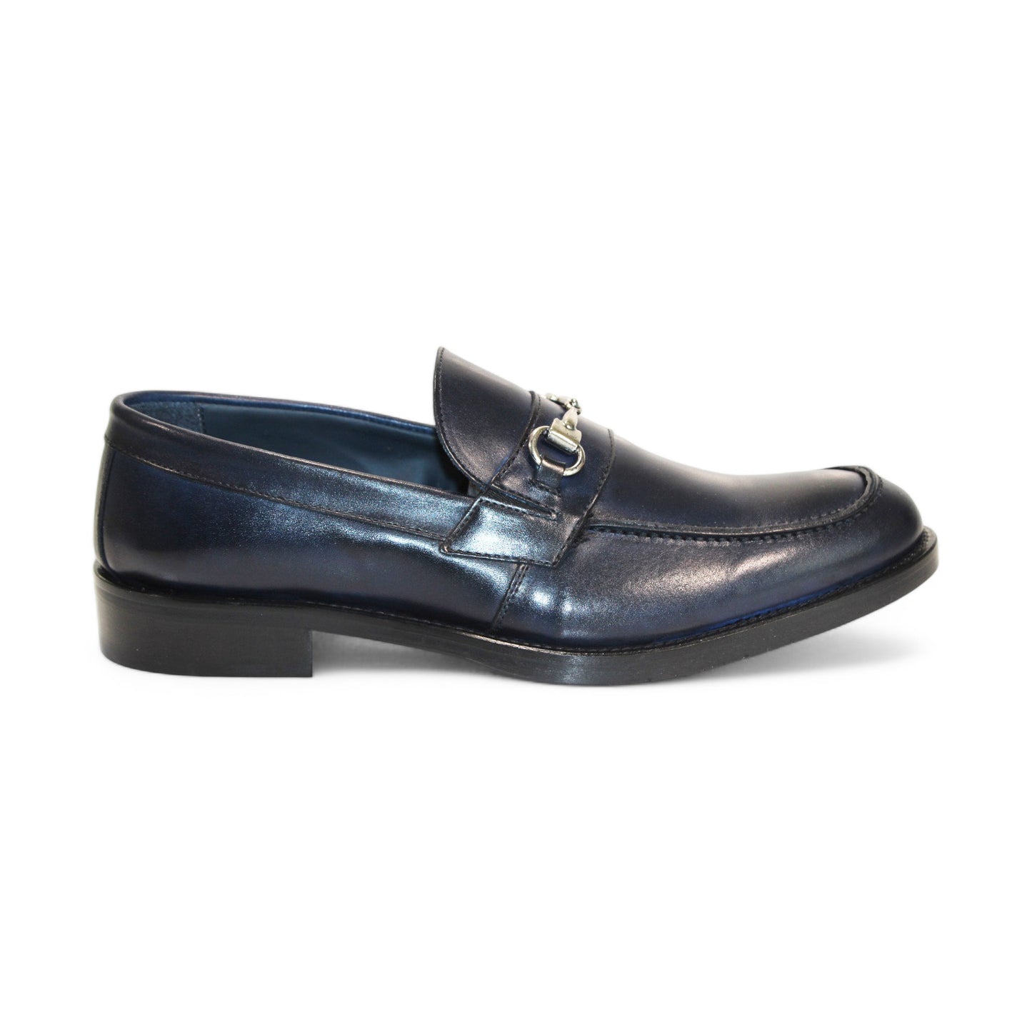 A single Firmani Ben Navy shoe featuring a black leather design with a silver buckle on the upper part, displayed from a side angle.