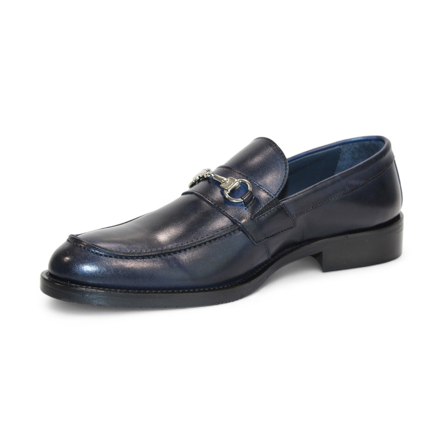 A single Firmani Ben Navy shoe featuring a black leather design with a silver buckle on the upper part, displayed from a side angle.