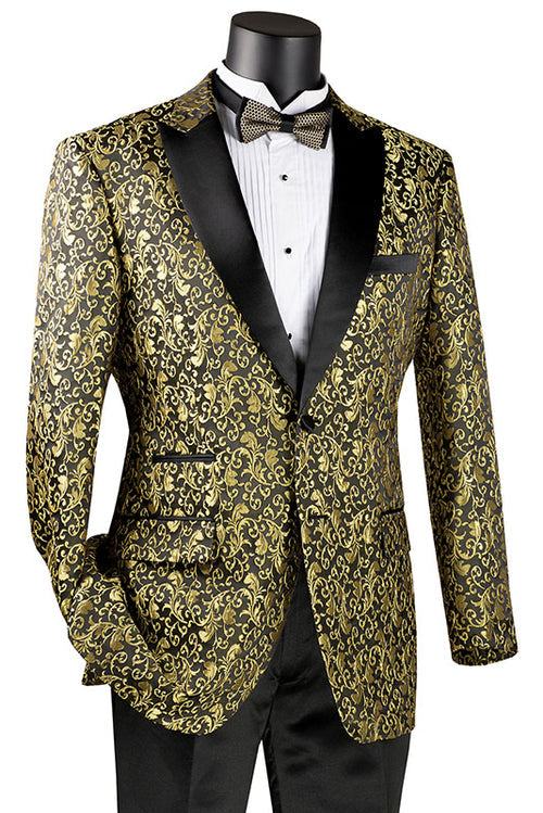 A mannequin showcases the Vinci Regular Fit Floral Pattern Jacket with a peak lapel in gold from Vinci Suits, paired with a white shirt and a coordinating black and gold bow tie.