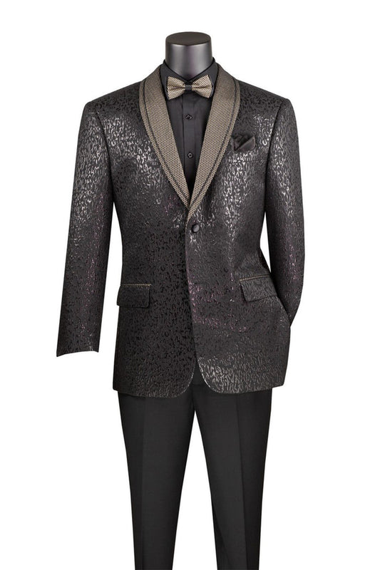 Vinci Suits presents the Vinci Regular Fit Jacket with Dots Lapel and Matching Bow Tie Black BF-6, showcased with a gold-trimmed shawl lapel, leopard-pattern design, styled with a matching black shirt and bow tie on a mannequin.