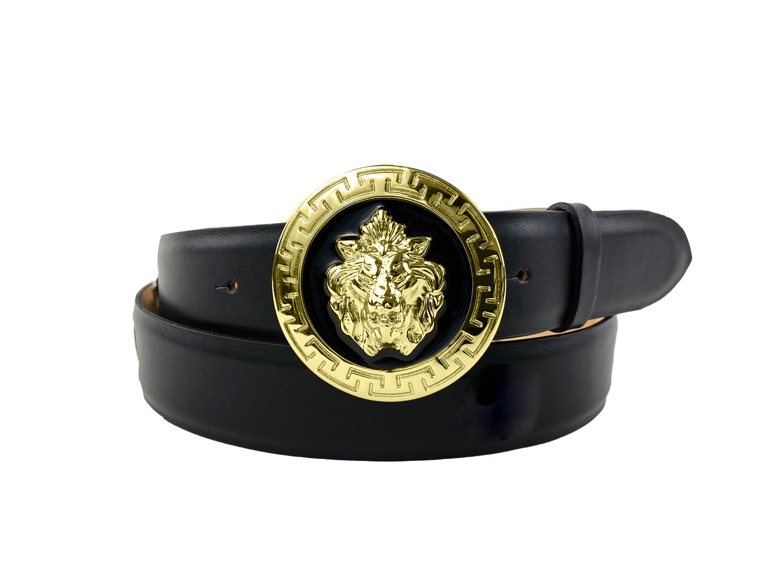 The Emilio Franco Couture Calf Belt, crafted from premium black calf leather, showcases a striking large gold buckle adorned with an intricate lion head design. This belt is the ideal accessory to infuse any outfit with bold elegance and is available in size 46.