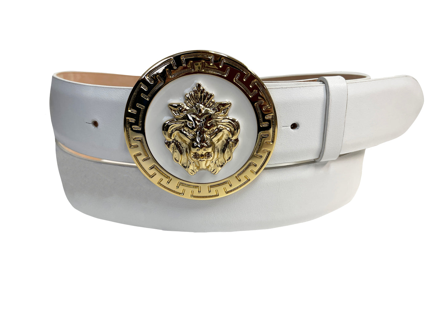 The Emilio Franco Couture Calf Belt, crafted from premium black calf leather, showcases a striking large gold buckle adorned with an intricate lion head design. This belt is the ideal accessory to infuse any outfit with bold elegance and is available in size 46.