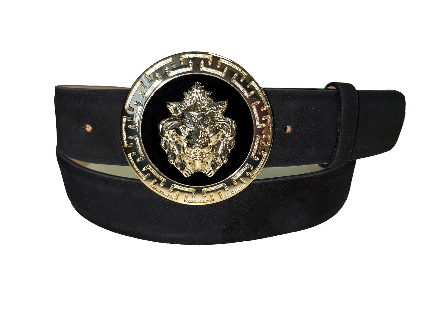 An Emilio Franco Couture suede belt in black, size 46, featuring a large, round gold buckle with an intricate lion's head design.