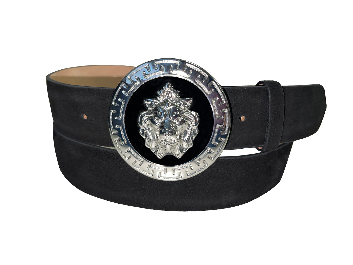 An Emilio Franco Couture suede belt in black, size 46, featuring a large, round gold buckle with an intricate lion's head design.