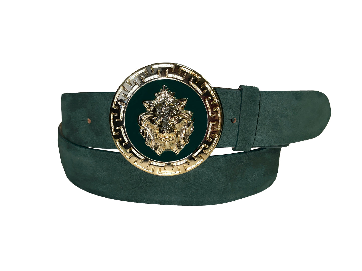 An Emilio Franco Couture suede belt in black, size 46, featuring a large, round gold buckle with an intricate lion's head design.