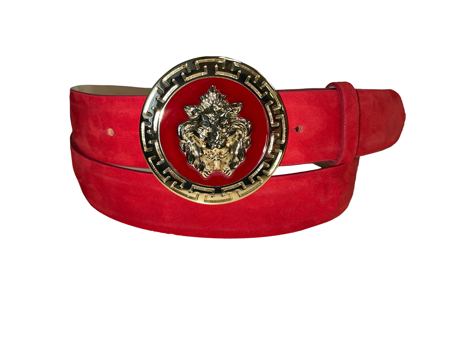 An Emilio Franco Couture suede belt in black, size 46, featuring a large, round gold buckle with an intricate lion's head design.