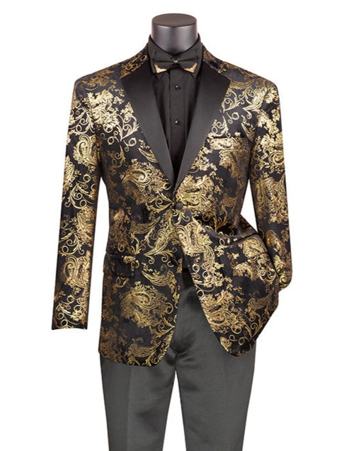 A mannequin dressed in the Vinci Modern Fit Velvet Jacket with a Metallic Design in Black (BM-02) by Vinci Suits, paired with a black shirt and a coordinating black and gold bow tie.