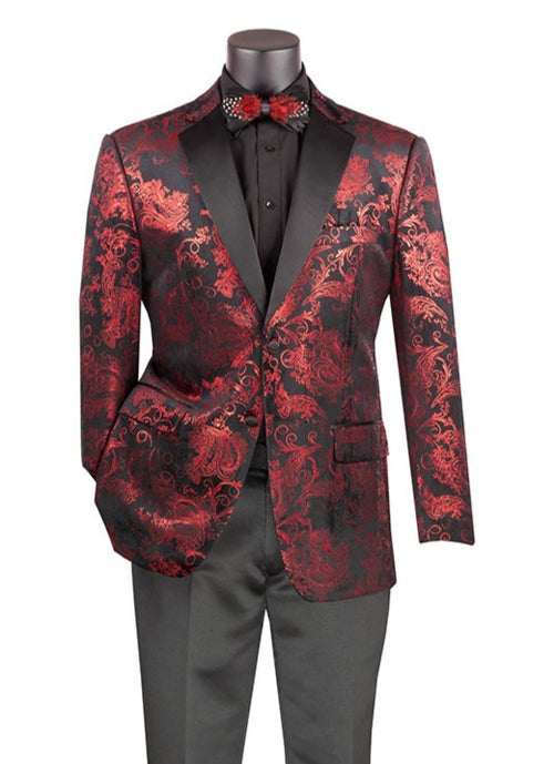 A mannequin showcases the Vinci Suits modern fit blazer, featuring the Vinci Modern Fit Velvet Jacket with a metallic red floral pattern (BM-02), complemented by a black shirt, bow tie, and dark pants.