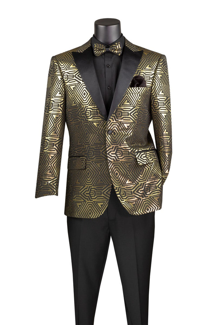 The Vinci Suits ensemble, featuring the Modern Fit Jacquard Jacket with Matching Bow Tie Metallic Design Gold BM-4, showcases a gold geometric patterned jacket with satin lapels over a black shirt. This refined outfit is completed with a matching bow tie and modern fit black trousers.