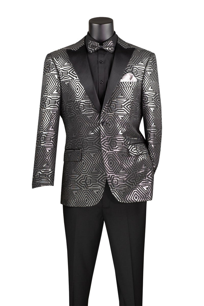 A black mannequin showcases the Vinci Suits' Vinci Modern Fit Jacquard Jacket with Matching Bow Tie, featuring a metallic silver geometric design and a sleek satin lapel, elegantly paired with black pants and shirt.