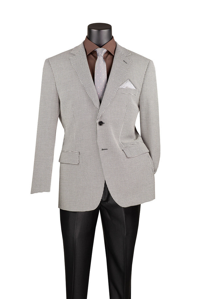 A mannequin dressed in a brown shirt, gray tie with polka dots, and the Vinci Suits Modern Fit Houndstooth Pattern Jacket Black BM-HT featuring a notch lapel, paired with black trousers.