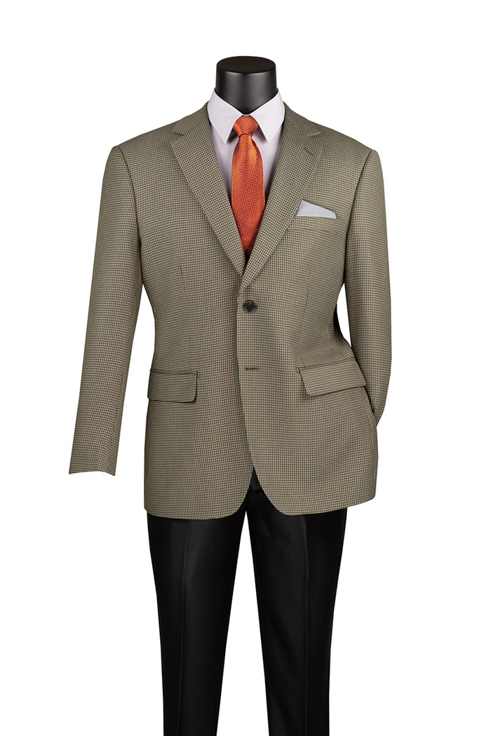 An olive Vinci Modern Fit Houndstooth Pattern Jacket from Vinci Suits, elegantly displayed on a mannequin, is paired with a white shirt, an orange tie, and black pants.