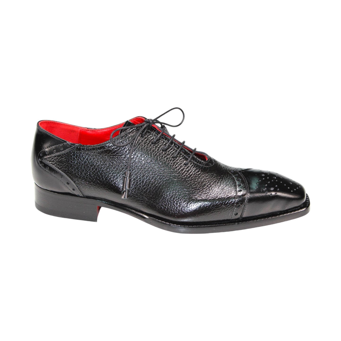 The Emilio Franco "Bosco" Black Shoes are crafted in Italy with a textured black leather exterior, red interior lining, laces, and decorative perforations on the toe cap.