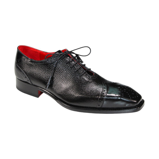 The Emilio Franco "Bosco" Black Shoes are crafted in Italy with a textured black leather exterior, red interior lining, laces, and decorative perforations on the toe cap.