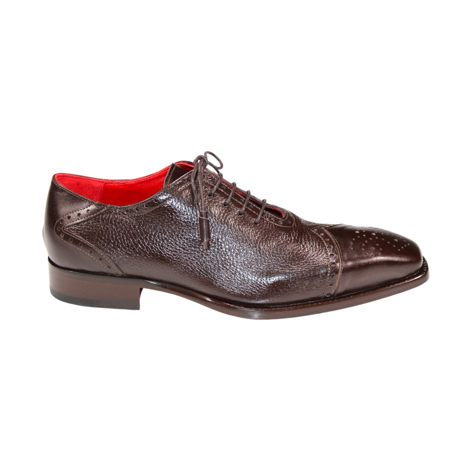 Introducing the Emilio Franco "Bosco" Chocolate Shoes, a stunning pair of Oxford shoes crafted from luxurious Italian deer skin. These elegant shoes feature a red inner lining and exhibit delicate perforated detailing on the toe, offering both style and sophistication.