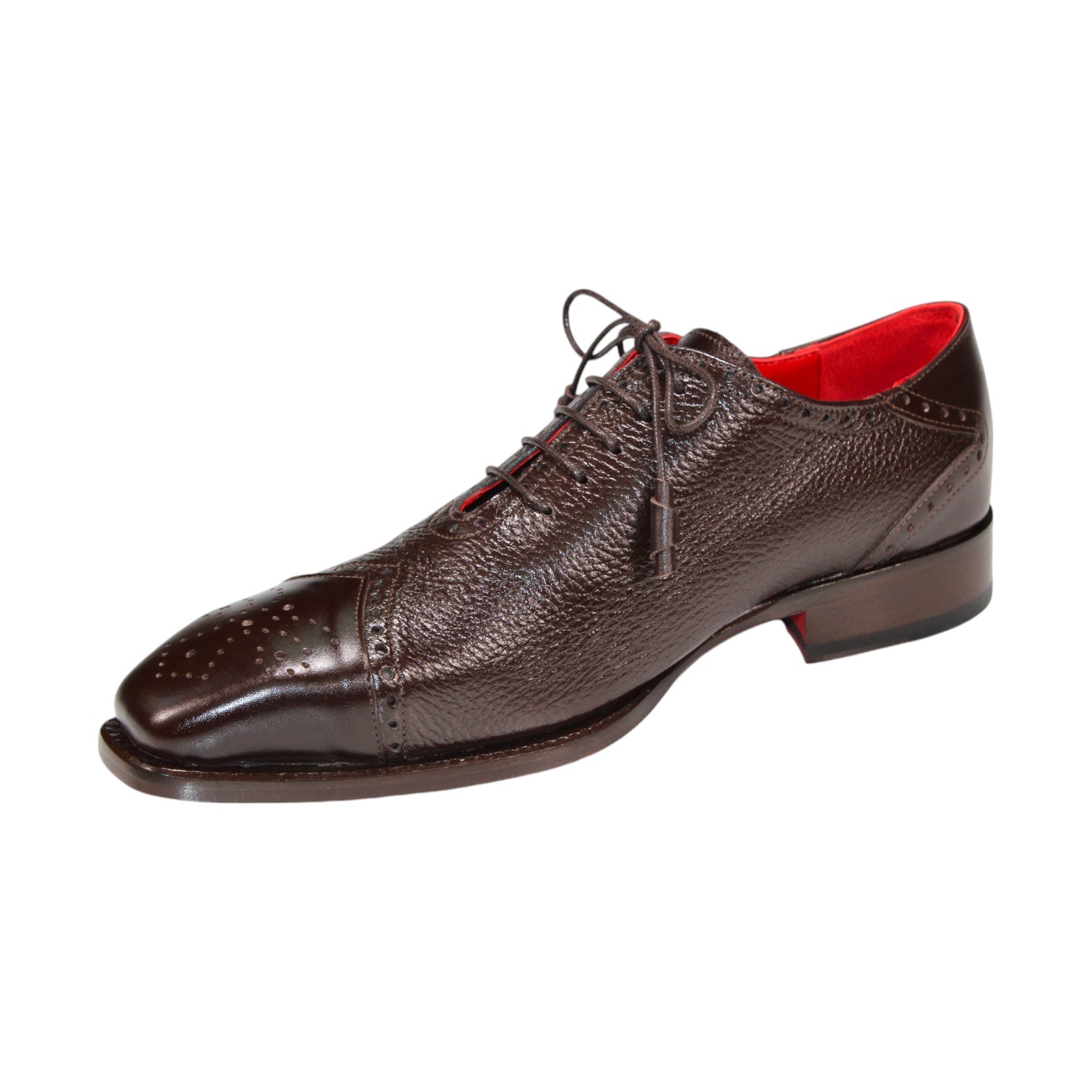 Introducing the Emilio Franco "Bosco" Chocolate Shoes, a stunning pair of Oxford shoes crafted from luxurious Italian deer skin. These elegant shoes feature a red inner lining and exhibit delicate perforated detailing on the toe, offering both style and sophistication.