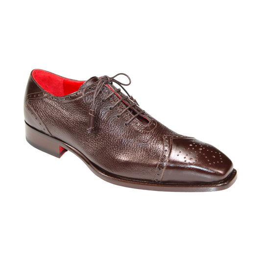 Introducing the Emilio Franco "Bosco" Chocolate Shoes, a stunning pair of Oxford shoes crafted from luxurious Italian deer skin. These elegant shoes feature a red inner lining and exhibit delicate perforated detailing on the toe, offering both style and sophistication.