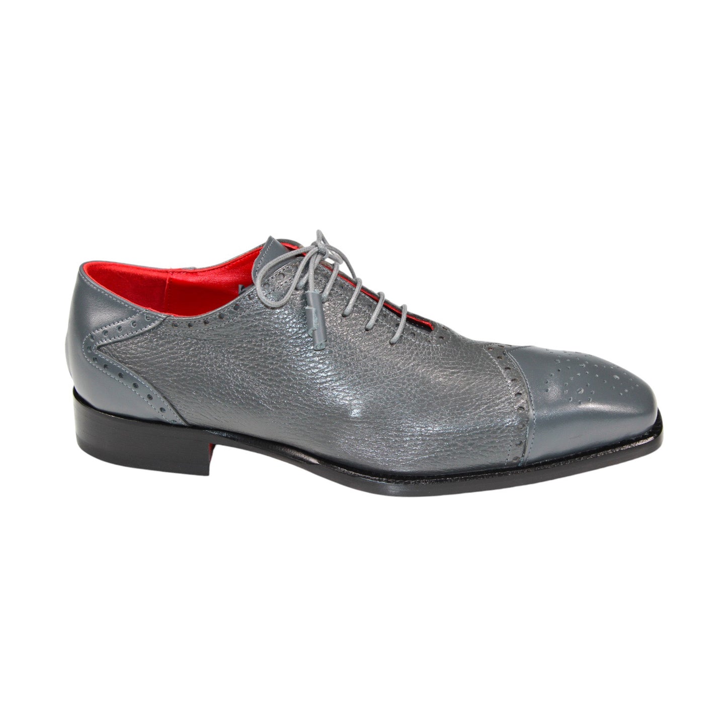 Introducing the Emilio Franco "Bosco" Grey Shoes: meticulously made in Italy, these lace-up dress shoes are crafted with gray deer skin and feature a striking red inner lining along with a slightly elevated heel.