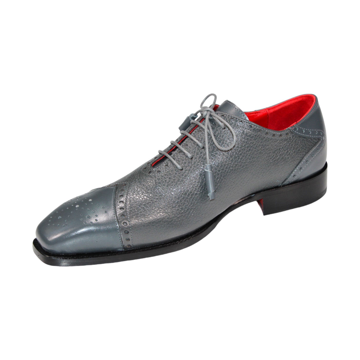 Introducing the Emilio Franco "Bosco" Grey Shoes: meticulously made in Italy, these lace-up dress shoes are crafted with gray deer skin and feature a striking red inner lining along with a slightly elevated heel.