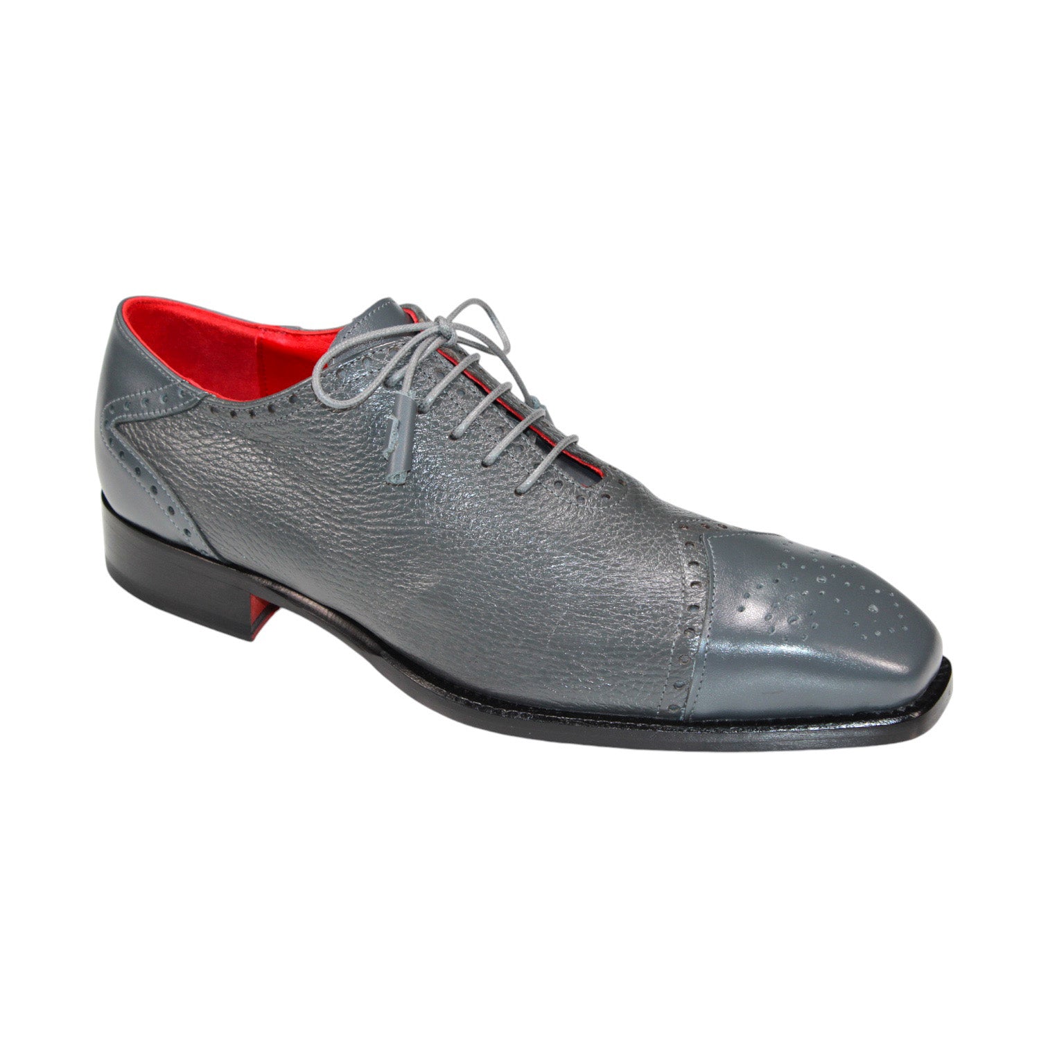 Introducing the Emilio Franco "Bosco" Grey Shoes: meticulously made in Italy, these lace-up dress shoes are crafted with gray deer skin and feature a striking red inner lining along with a slightly elevated heel.