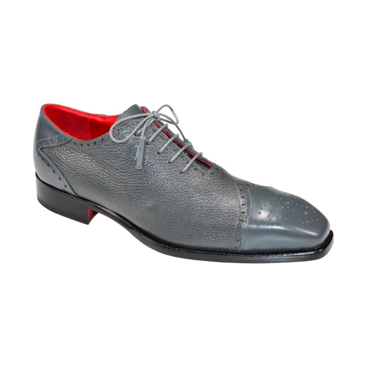 Introducing the Emilio Franco "Bosco" Grey Shoes: meticulously made in Italy, these lace-up dress shoes are crafted with gray deer skin and feature a striking red inner lining along with a slightly elevated heel.