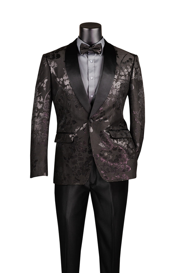 The Vinci Slim Fit Fashion Jacket Shawl Lapel with Bow Tie Black BSF-19 by Vinci Suits showcases a sophisticated black patterned tuxedo style with wrinkle-resistant fabric and satin shawl lapels, complemented perfectly by a light gray shirt and bow tie.