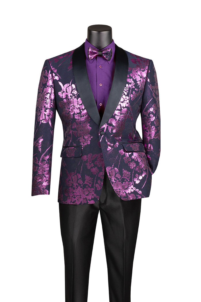 A Vinci Suits mannequin displays the wrinkle-resistant Vinci Slim Fit Fashion Jacket Shawl Lapel in black and purple floral, accompanied by a matching lavender shirt and bow tie (BSF-19), paired with sleek black pants.