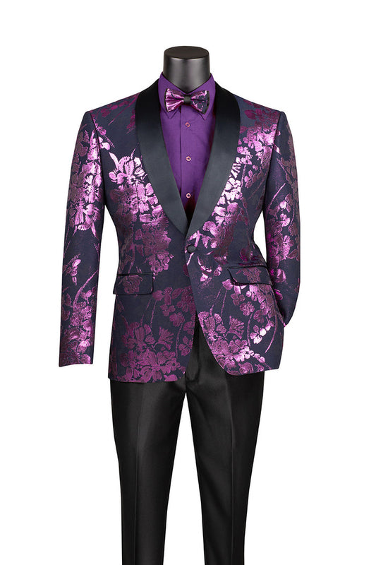 A Vinci Suits mannequin displays the wrinkle-resistant Vinci Slim Fit Fashion Jacket Shawl Lapel in black and purple floral, accompanied by a matching lavender shirt and bow tie (BSF-19), paired with sleek black pants.