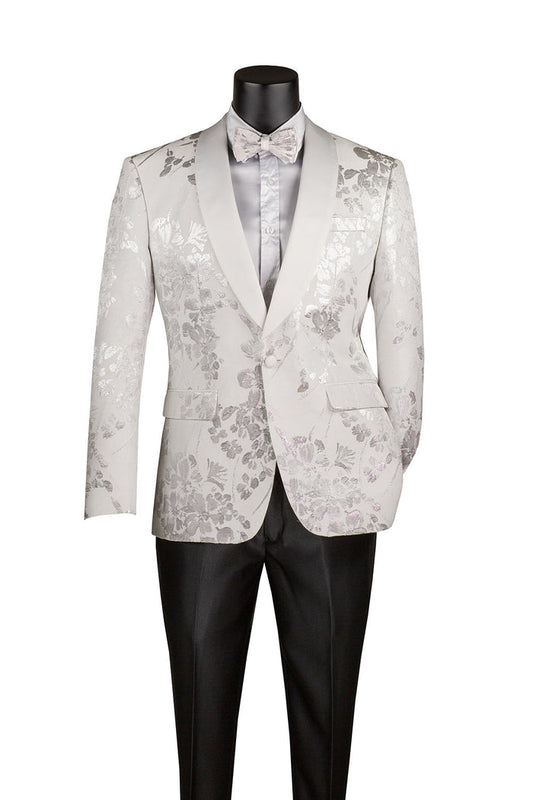 A mannequin showcases the Vinci Suits Slim Fit Fashion Jacket Shawl Lapel with Bow Tie White BSF-19, elegantly paired with a crisp white shirt and sleek black pants.