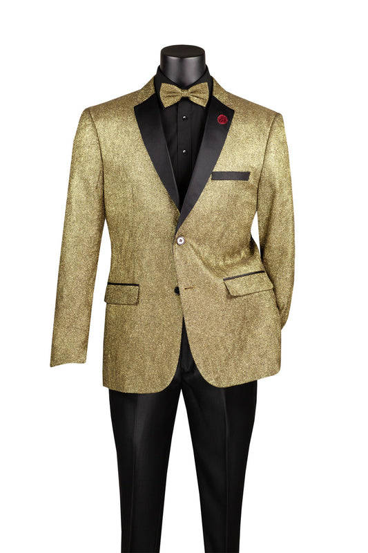 A mannequin showcases the Vinci Slim Fit Sequins Fabric Sport Coat Gold BSQ-5 by Vinci Suits, featuring a single-breasted design with elegantly black notch lapels. It is paired with a crisp black dress shirt, matching bow tie, a sleek black pocket square, and tailored black trousers.