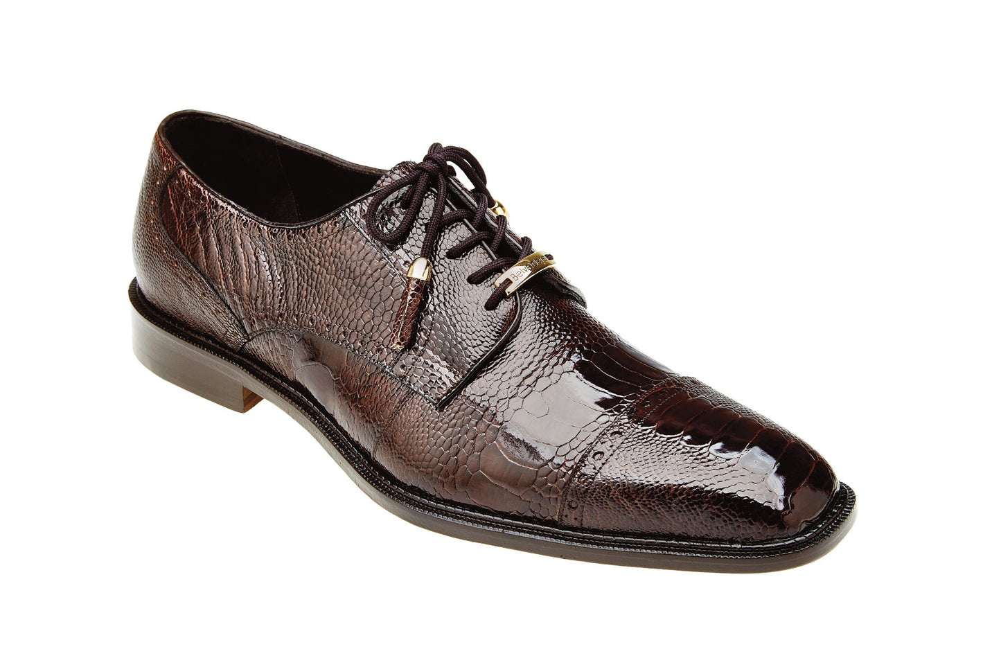 The image features the Belvedere - Batta, a chocolate-colored genuine ostrich leather dress shoe by BELVEDERE, displayed on a white background.