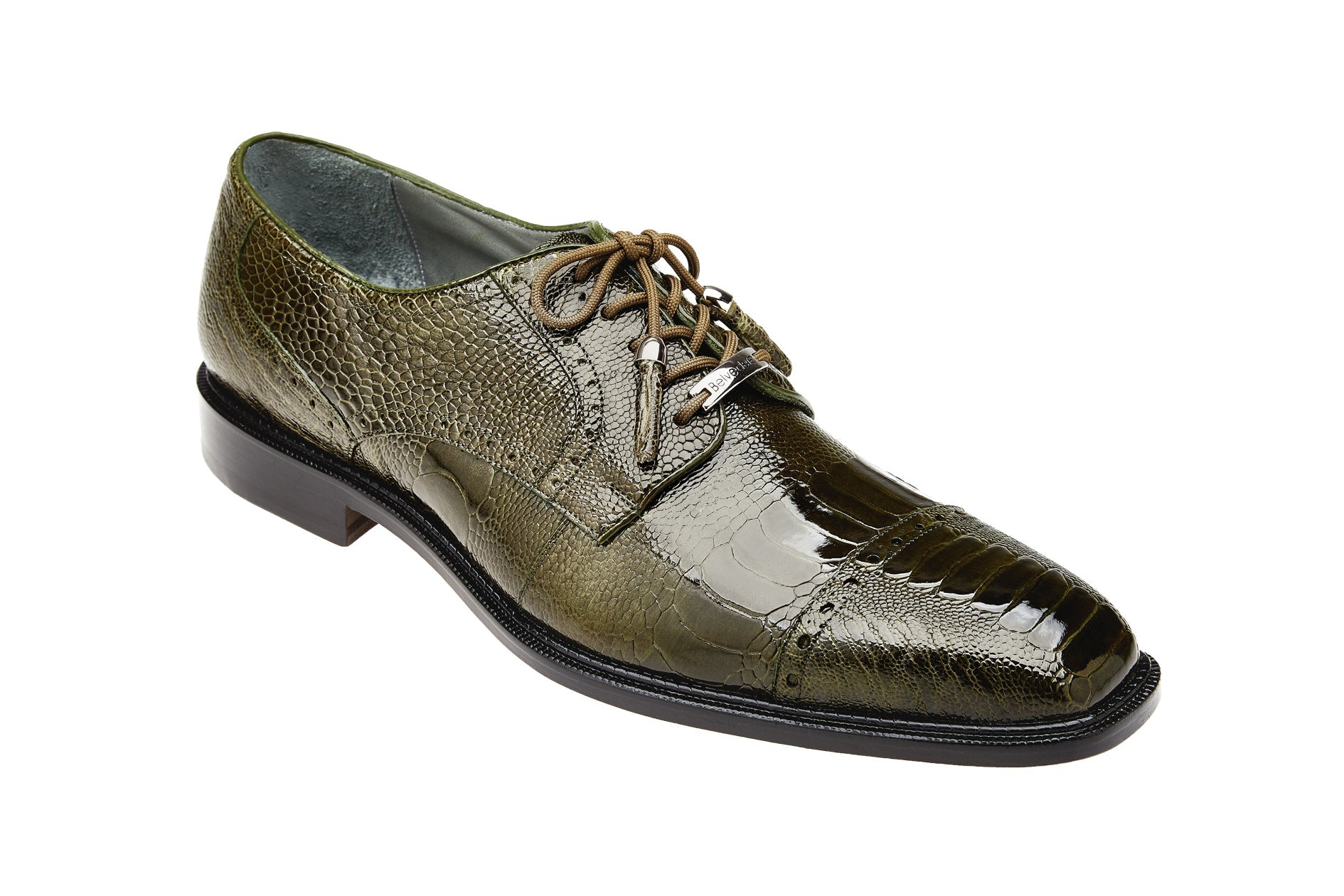 The product "Belvedere - Batta, Genuine Ostrich Leather Dress Shoe - Olive - 14006" from BELVEDERE features brogue detailing and subtle tassel accents and is showcased against a white background.