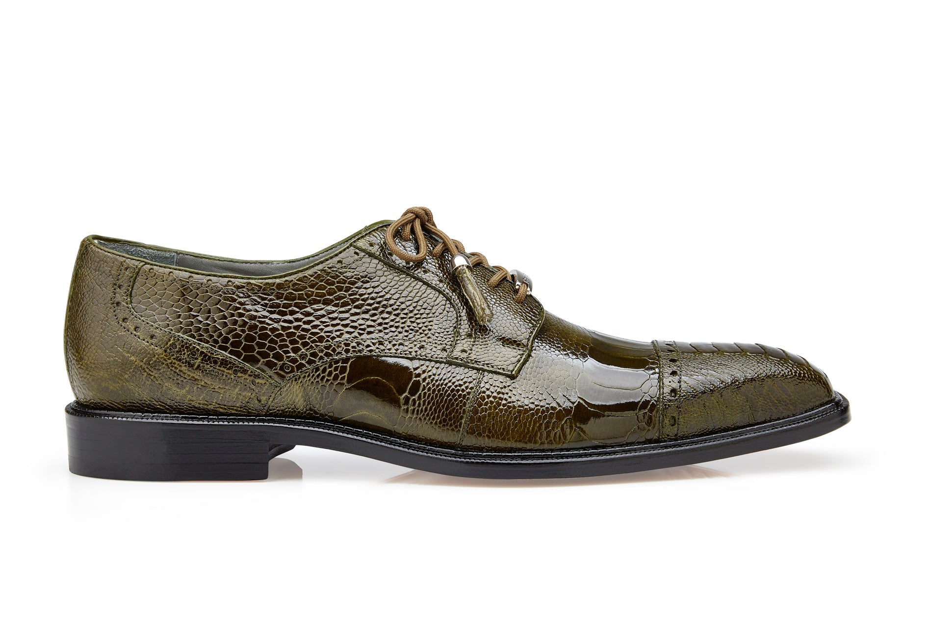 The product "Belvedere - Batta, Genuine Ostrich Leather Dress Shoe - Olive - 14006" from BELVEDERE features brogue detailing and subtle tassel accents and is showcased against a white background.