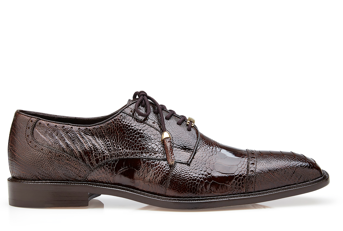 The image features the Belvedere - Batta, a chocolate-colored genuine ostrich leather dress shoe by BELVEDERE, displayed on a white background.