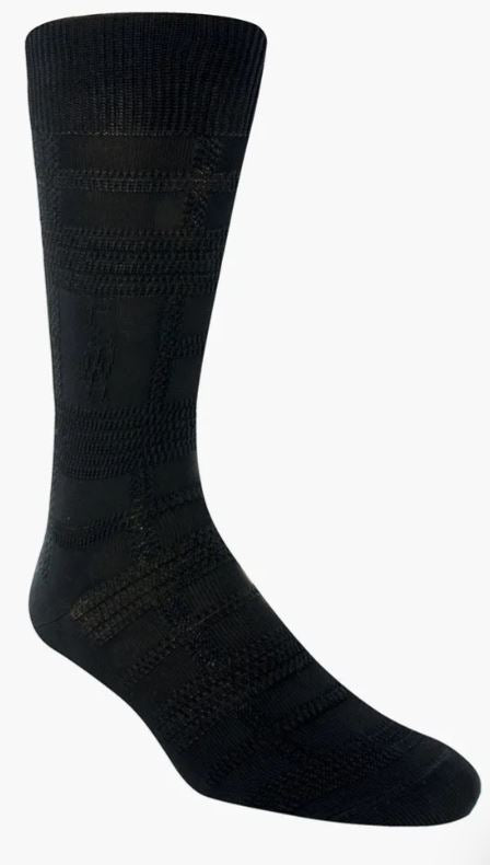 The Stacy Adams Tonal Plaid Black Dress Sock by ORIGINS, designed for men in sizes 8-13, is shown against a plain white background.