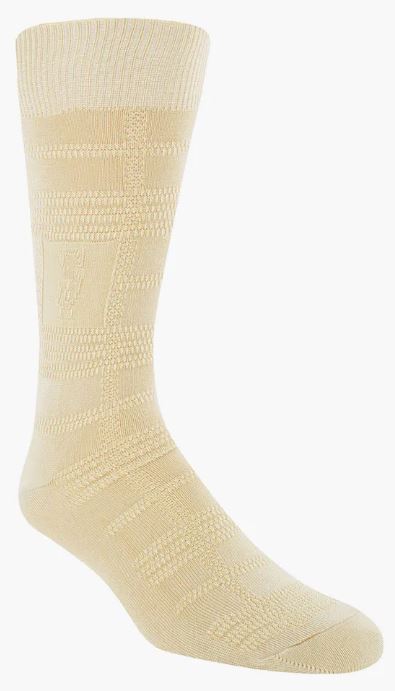 The Stacy Adams Tonal Plaid Bone Dress Socks by ORIGINS are beige knee-high socks with textured patterns set against a white background, boasting a stylish plaid design, and crafted to fit men sizes 8-13.