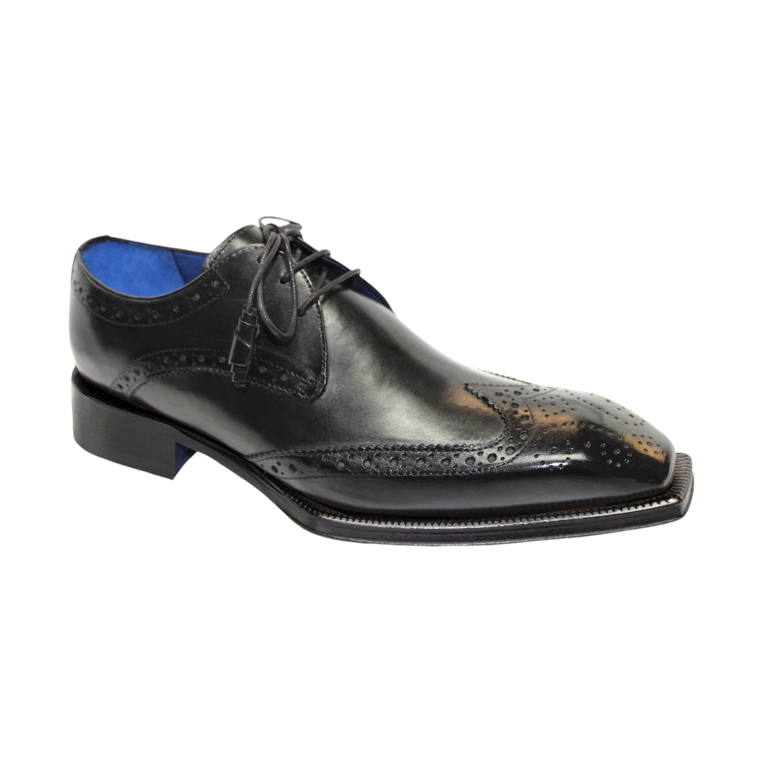 Emilio Franco "Carmine" Black Shoes, featuring decorative perforations, a lace-up closure, and a blue interior lining, crafted from fine Italian leather, displayed against a plain white background.