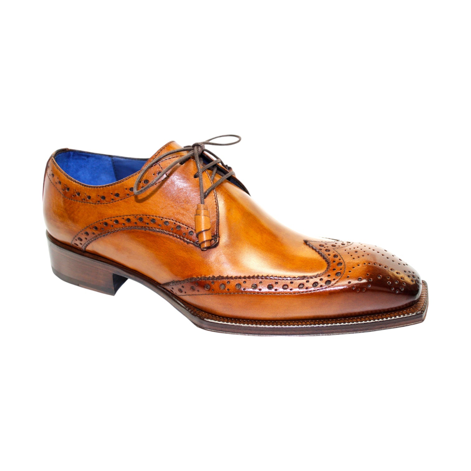 Emilio Franco's "Carmine" Cognac shoes are crafted in Italy, featuring intricate perforations and laces on carmine-tinted leather, a low heel, and a polished finish.