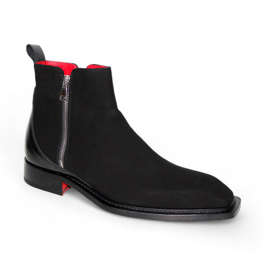 Emilio Franco "Cesare" black boot, featuring a square toe and side zipper, with a distinctive red interior lining, meticulously crafted in Italy from black suede.