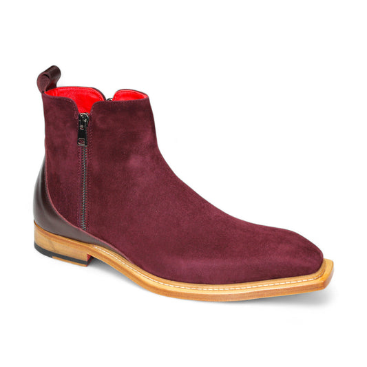 The Emilio Franco "Cesare" Burgundy Boot is an expertly crafted Italian ankle boot featuring a burgundy suede exterior, side zipper, wooden sole, and red interior lining.