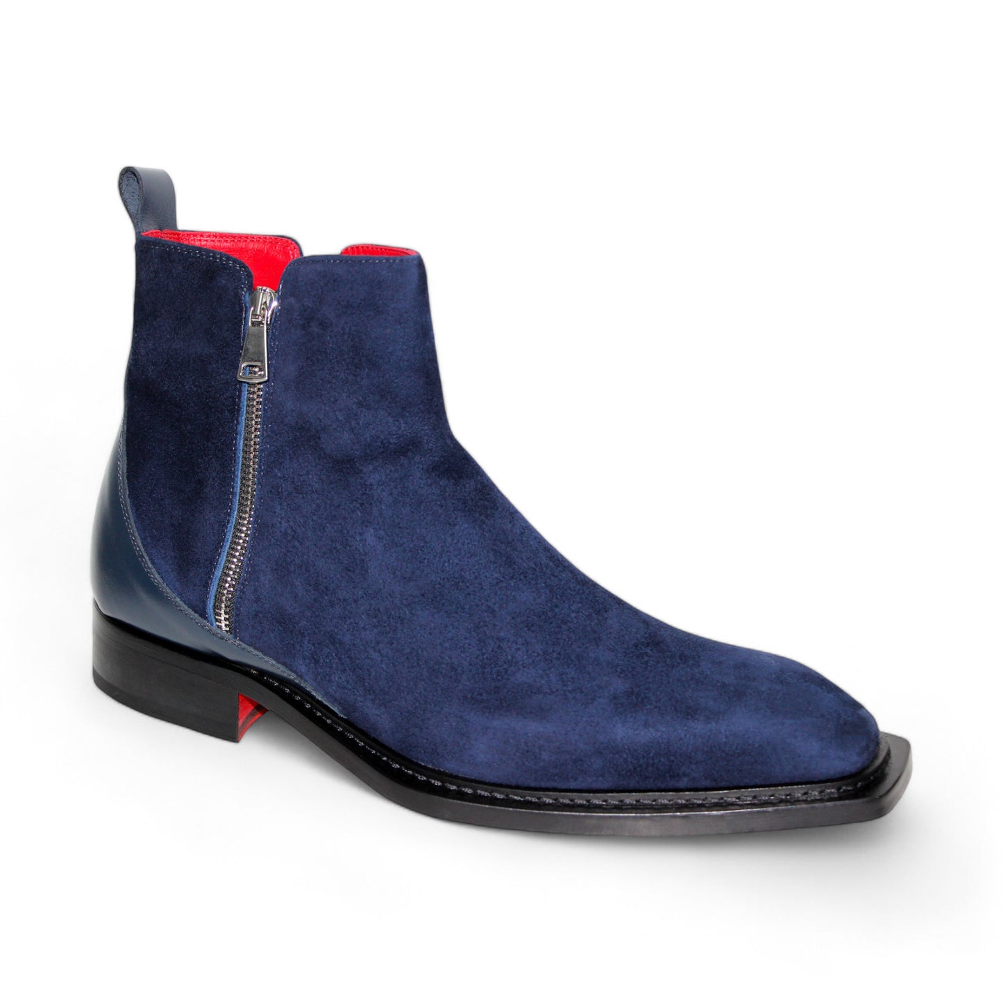 Introducing the Emilio Franco "Cesare" Navy Boot, expertly crafted in Italy – a stylish ankle boot with a bold red leather interior and convenient zipper closure, all beautifully showcased on a pristine white background.