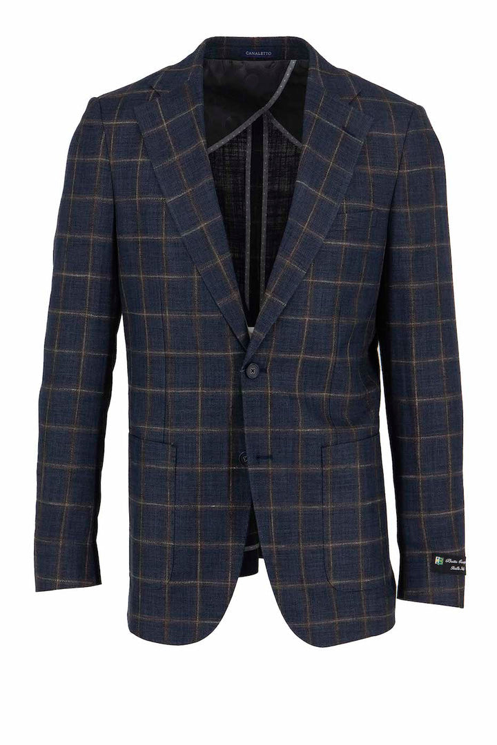 The Canaletto Navy with Brown Windowpane Veneto/THP Slim Fit Half Lined Bamboo Jacket CU2025318 showcases European styling with a notched lapel and two-button design, crafted from premium Italian fabrics and presented against a plain background.